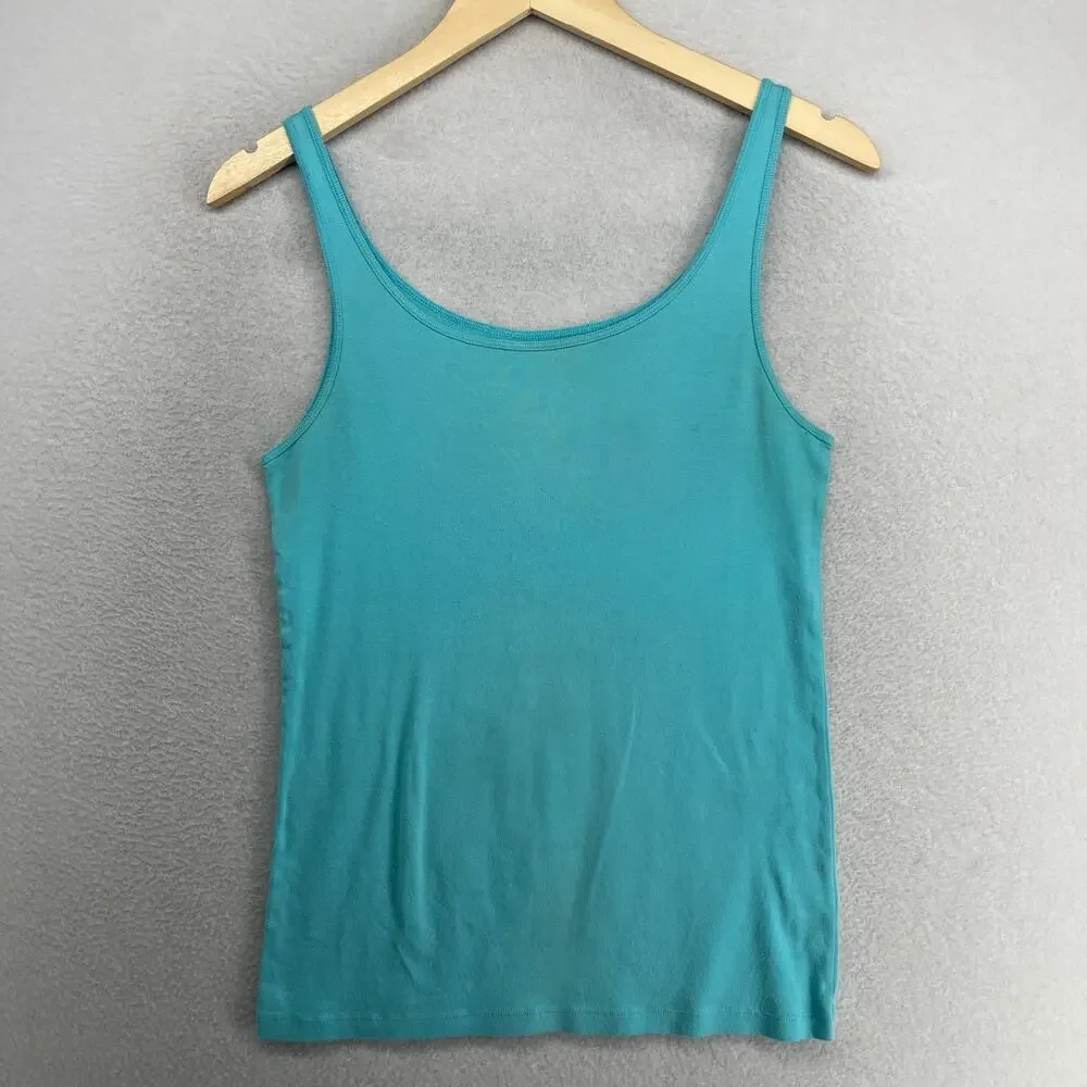 EILEEN FISHER Tank Top M Organic Cotton Ribbed Jersey Scoop Neck Cami Aqua Blue